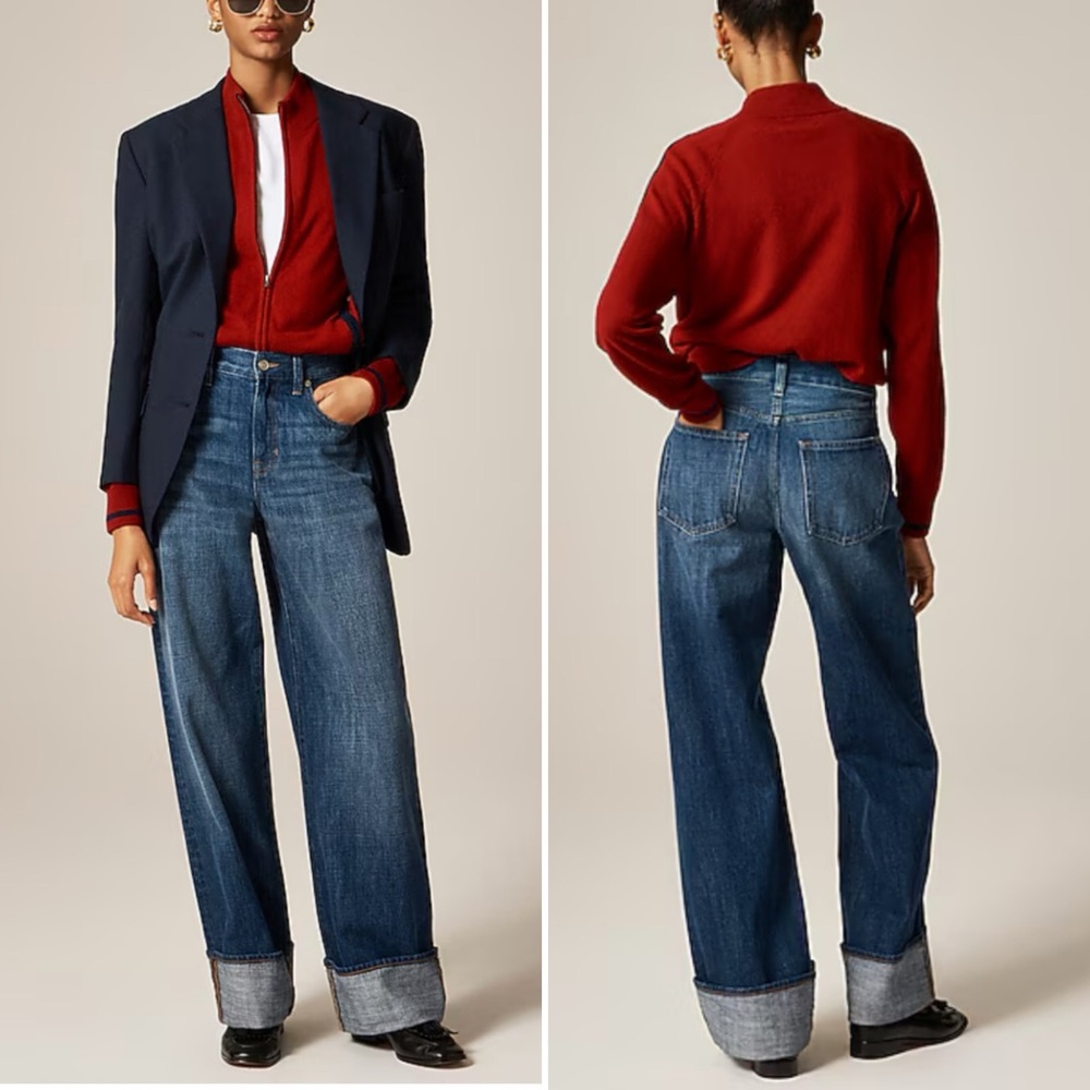 J. Crew High-Rise Wide-Leg Cuffed Jeans in Medium Blue